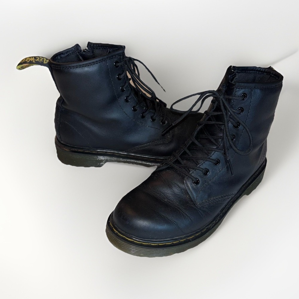 Dr. Martens Black Leather Kids Lace-Up Boots with Yellow Stitching